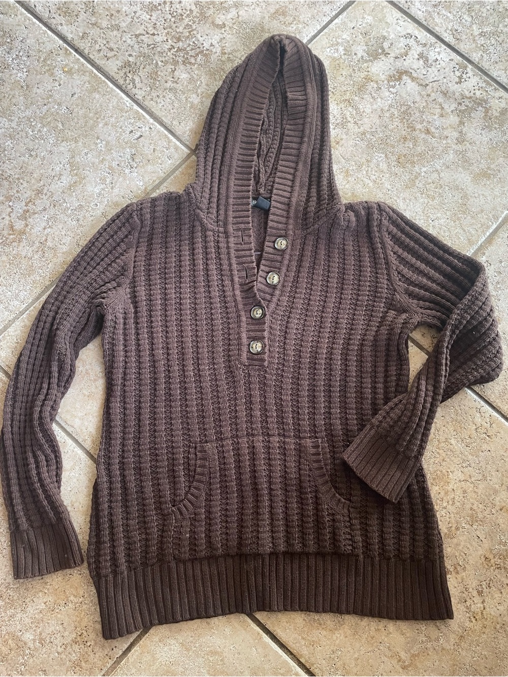 Style & Co. Brown Hooded Button-Neck Knit Sweater
